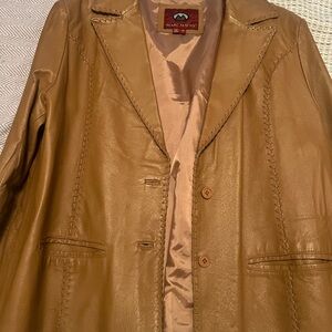 Tan Leather Women's Blazer with Braiding Detail